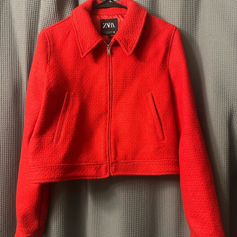 Zara Women's Red Tweed Crop Jacket